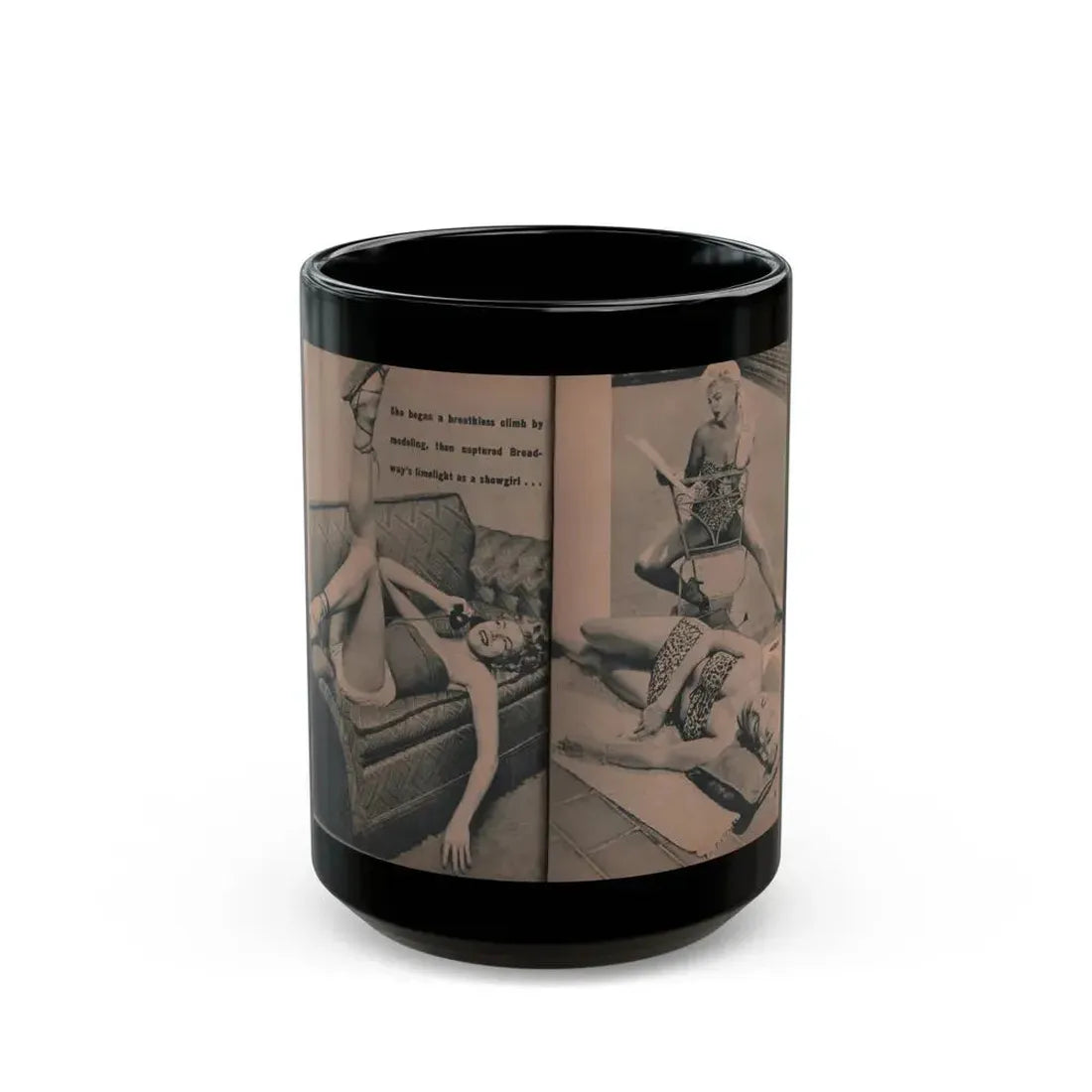 Barbara Nichols #415 - Page 3 & 4 of 10 with, 3 B&W Photos & Caption from EYE Digest Mag. April '55 (Vintage Female Icon) Black Coffee Mug 15oz - Go Mug Yourself