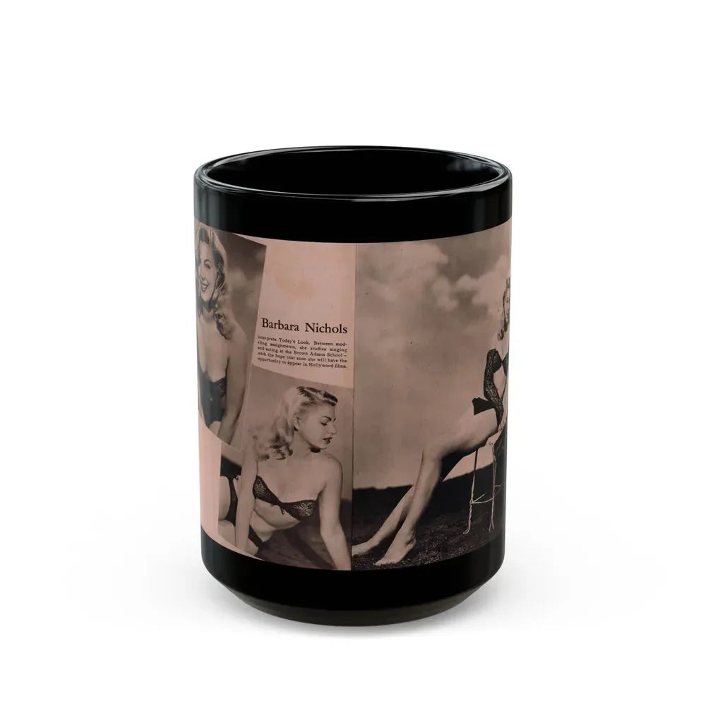 Barbara Nichols #429 - 2 Pages, 3 B&W Photos & Caption from Cover Girl Models Mag. Nov. '49 (Vintage Female Icon) Black Coffee Mug 15oz - Go Mug Yourself
