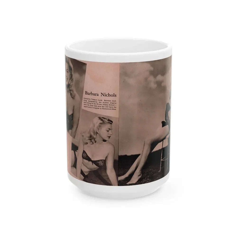 Barbara Nichols #429 - 2 Pages, 3 B&W Photos & Caption from Cover Girl Models Mag. Nov. '49 (Vintage Female Icon) White Coffee Mug 15oz - Go Mug Yourself