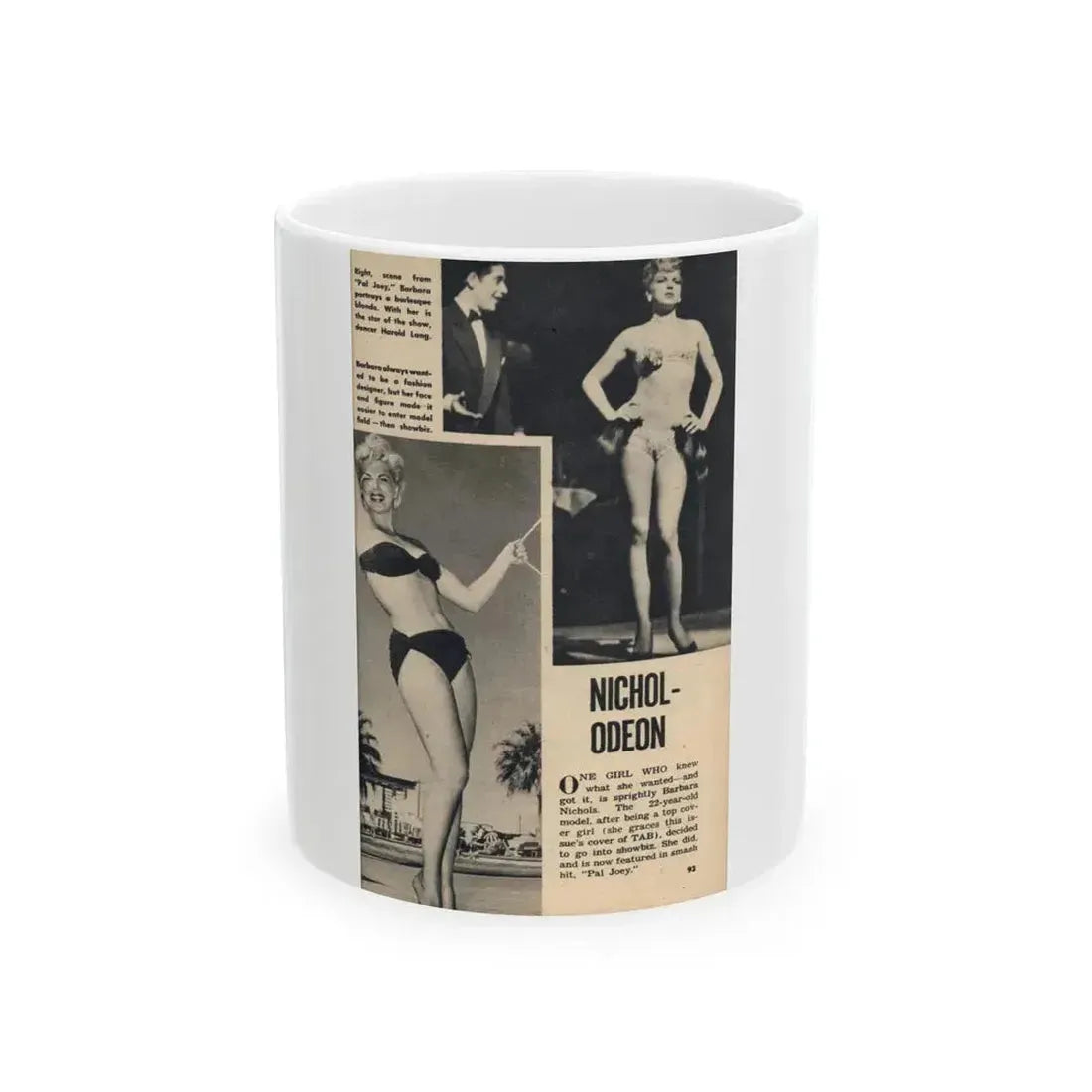 Barbara Nichols #431 - Barb on Page 93 with 1, Caption 2 B&W Pics & 1 Brief Article from TAB Digest Mag. May '53 (Vintage Female Icon) White Coffee Mug 11oz - Go Mug Yourself