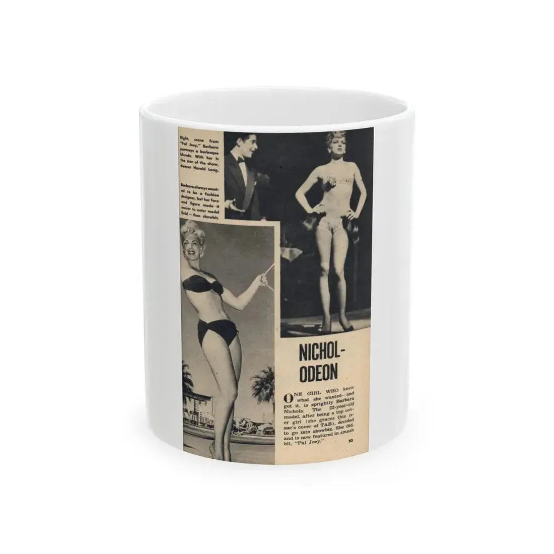 Barbara Nichols #431 - Barb on Page 93 with 1, Caption 2 B&W Pics & 1 Brief Article from TAB Digest Mag. May '53 (Vintage Female Icon) White Coffee Mug - Go Mug Yourself