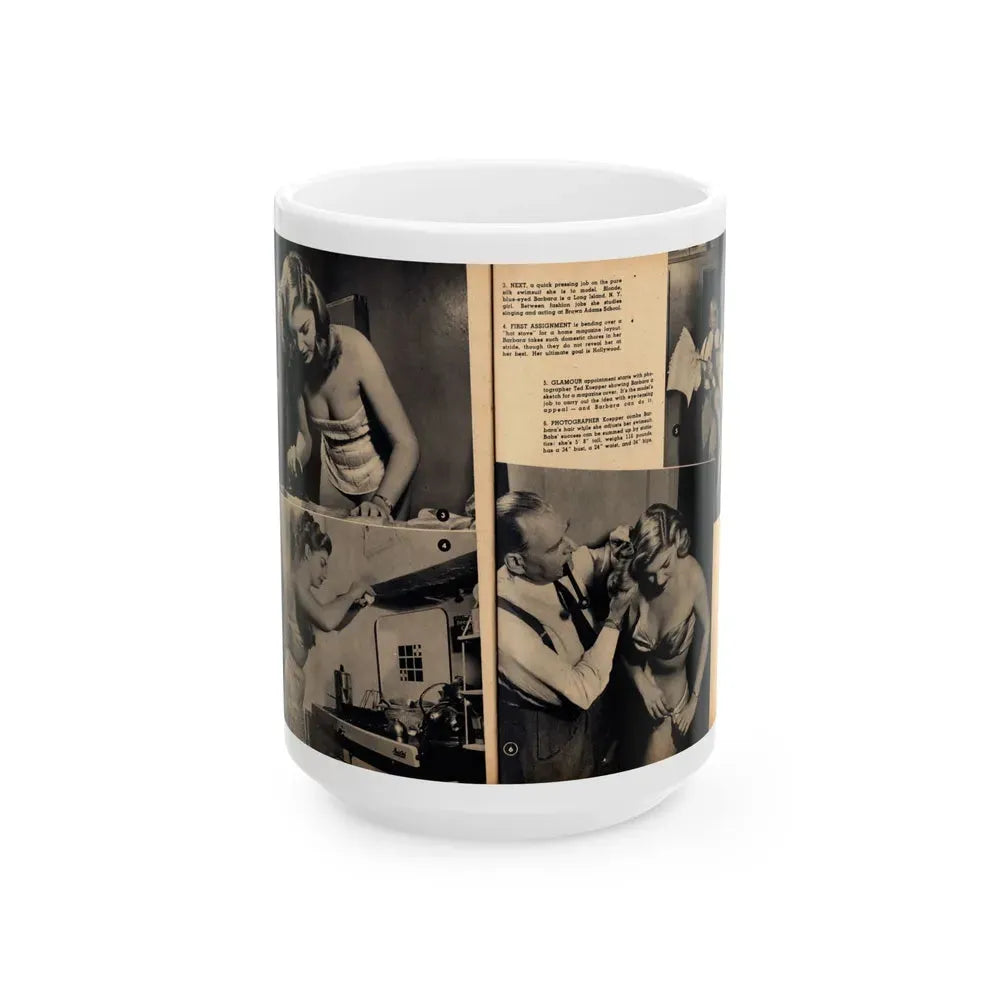 Barbara Nichols #482 - 4 B&W Photos & 2 Captions from Glamorous Models Mag. June '49 (Vintage Female Icon) White Coffee Mug 15oz - Go Mug Yourself