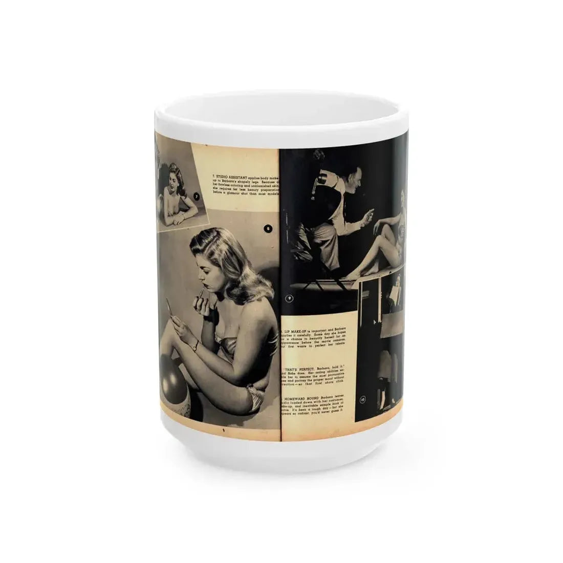 Barbara Nichols #483 - 4 B&W Photos & 4 Captions from Glamorous Models Mag. June '49 (Vintage Female Icon) White Coffee Mug 15oz - Go Mug Yourself