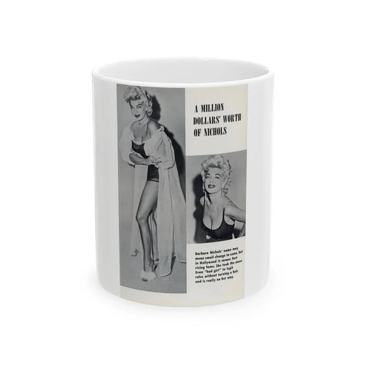 Barbara Nichols #489 - Page 1 of 2 with, 2 B&W Photos & Caption from picture DIGEST Mag. April '57 (Vintage Female Icon) White Coffee Mug 11oz - Go Mug Yourself