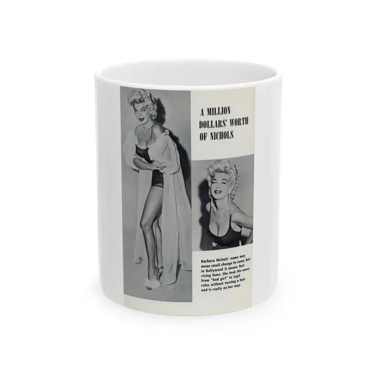 Barbara Nichols #489 - Page 1 of 2 with, 2 B&W Photos & Caption from picture DIGEST Mag. April '57 (Vintage Female Icon) White Coffee Mug 11oz - Go Mug Yourself
