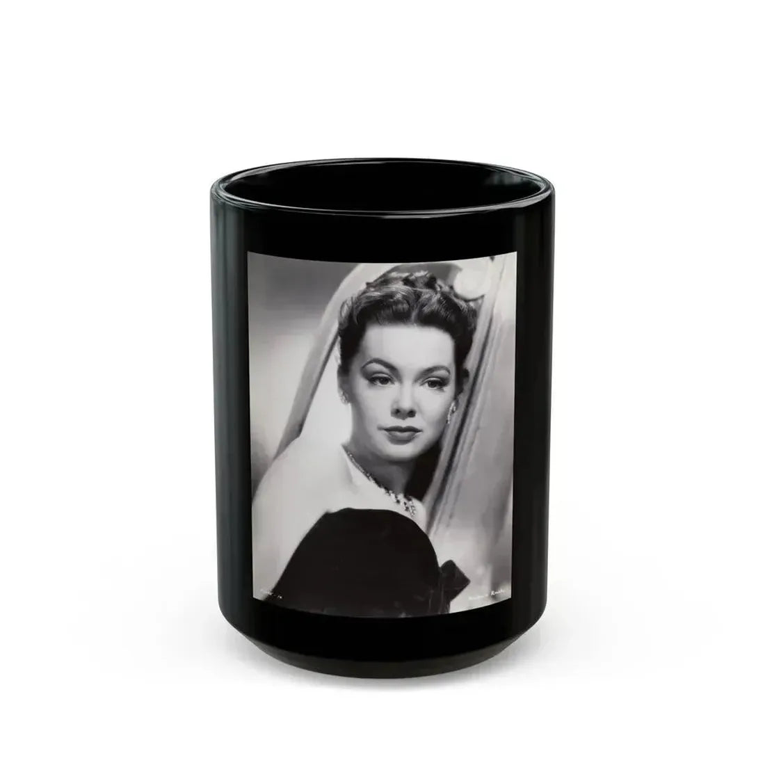Barbara Rush #24 - Vintage 7x9 B&W Head & Shoulder Upper Body Glamour Photo from 2-19-59 (Vintage Female Icon) Black Coffee Mug 15oz - Go Mug Yourself