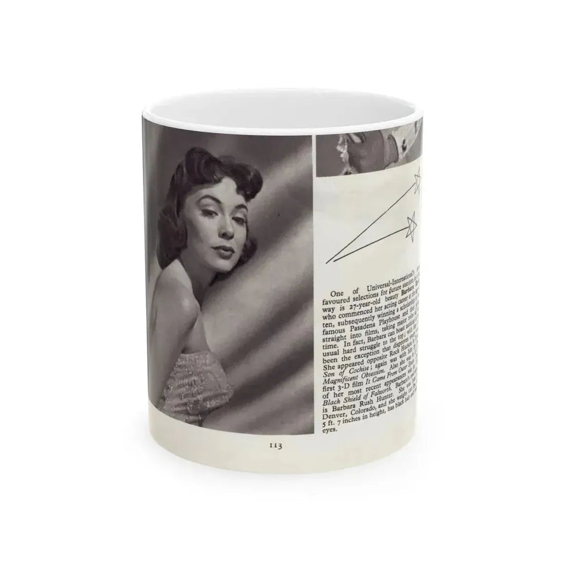 Barbara Rush #278 - 5.25x7.25 B&W Magazine Page Clipping Glamour Photo & Caption (Vintage Female Icon) White Coffee Mug 11oz - Go Mug Yourself