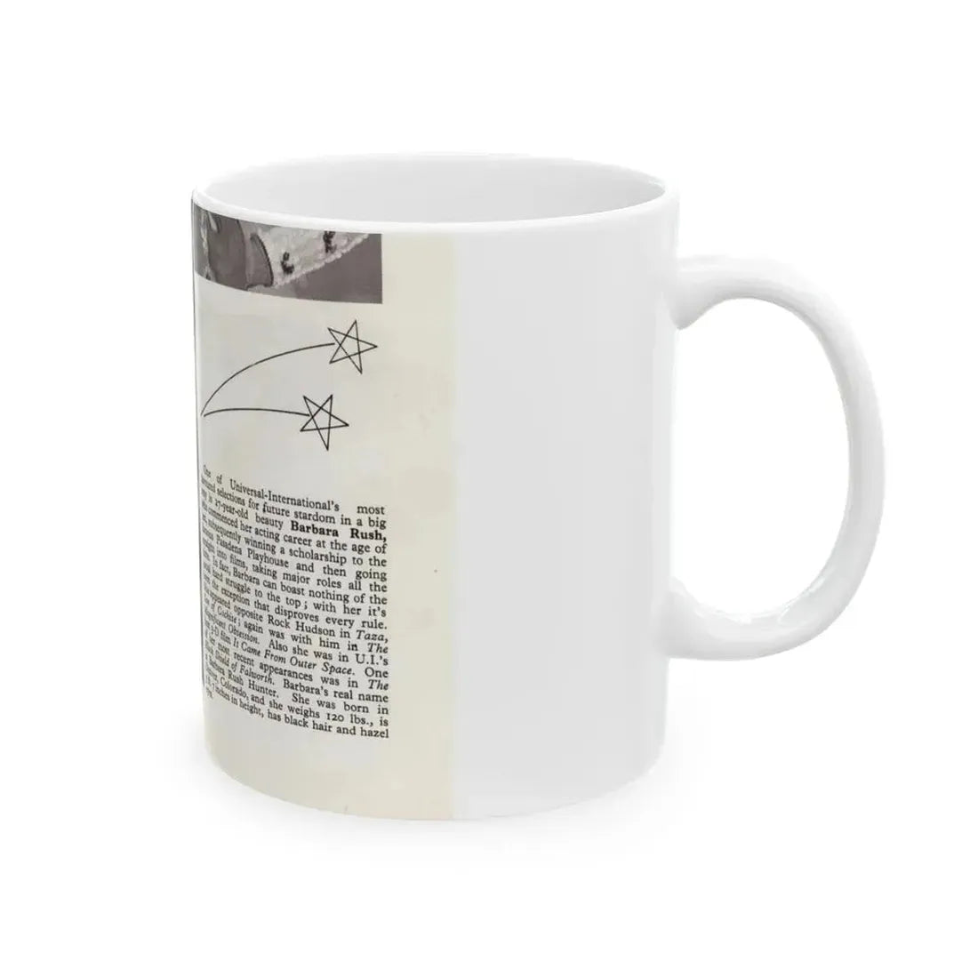 Barbara Rush #278 - 5.25x7.25 B&W Magazine Page Clipping Glamour Photo & Caption (Vintage Female Icon) White Coffee Mug - Go Mug Yourself