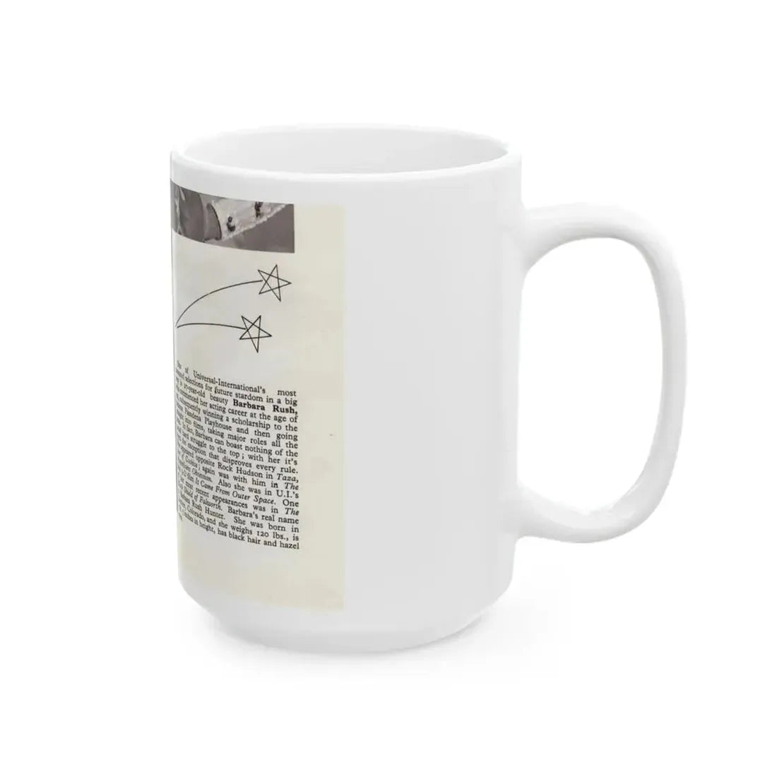 Barbara Rush #278 - 5.25x7.25 B&W Magazine Page Clipping Glamour Photo & Caption (Vintage Female Icon) White Coffee Mug - Go Mug Yourself