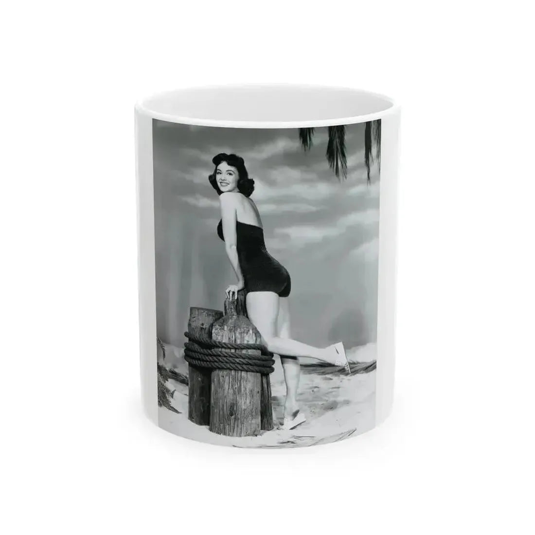 Barbara Rush #38 - 8x10 B&W Full Body 1-Piece Swimsuit Cheesecake Photo (Vintage Female Icon) White Coffee Mug 11oz - Go Mug Yourself
