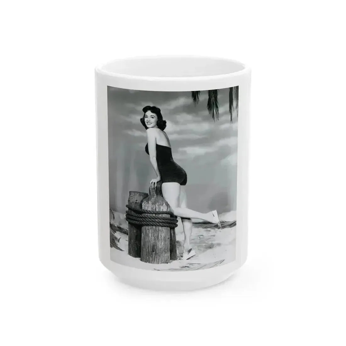 Barbara Rush #38 - 8x10 B&W Full Body 1-Piece Swimsuit Cheesecake Photo (Vintage Female Icon) White Coffee Mug 15oz - Go Mug Yourself
