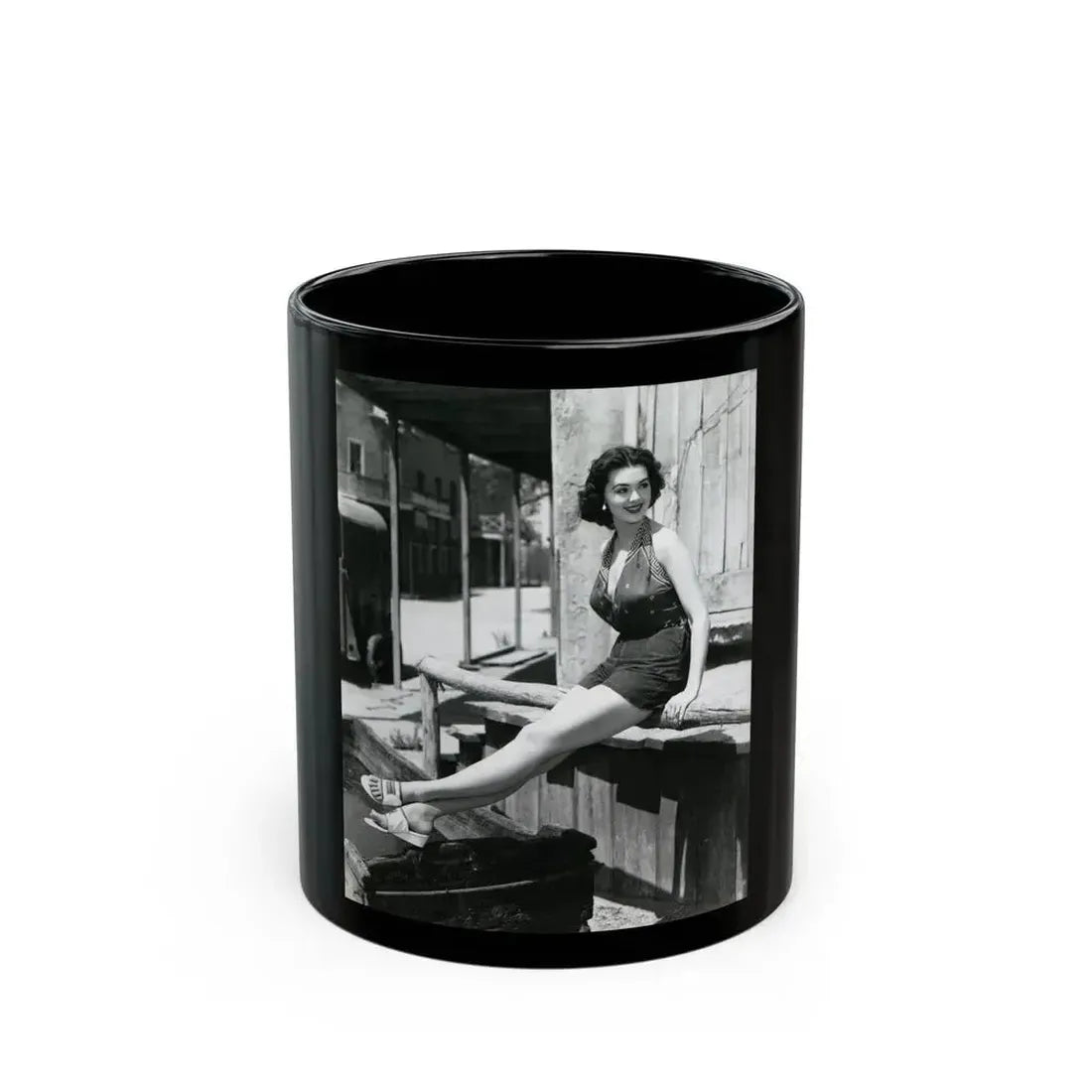 Barbara Rush #39 - 8x10 Vintage Full Body B&W Pin-Up Photo in Shorts from 1955 (Vintage Female Icon) Black Coffee Mug 11oz - Go Mug Yourself