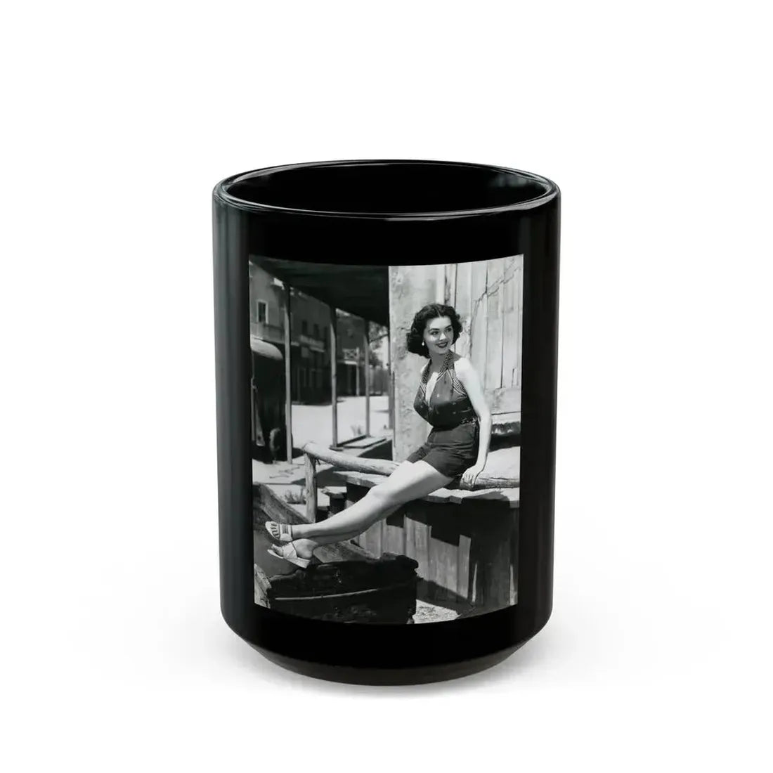 Barbara Rush #39 - 8x10 Vintage Full Body B&W Pin-Up Photo in Shorts from 1955 (Vintage Female Icon) Black Coffee Mug 15oz - Go Mug Yourself