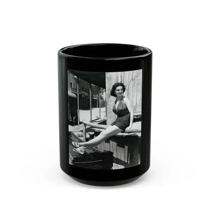 Barbara Rush #39 - 8x10 Vintage Full Body B&W Pin-Up Photo in Shorts from 1955 (Vintage Female Icon) Black Coffee Mug 15oz - Go Mug Yourself
