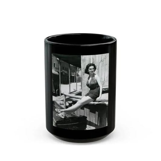 Barbara Rush #39 - 8x10 Vintage Full Body B&W Pin-Up Photo in Shorts from 1955 (Vintage Female Icon) Black Coffee Mug 15oz - Go Mug Yourself