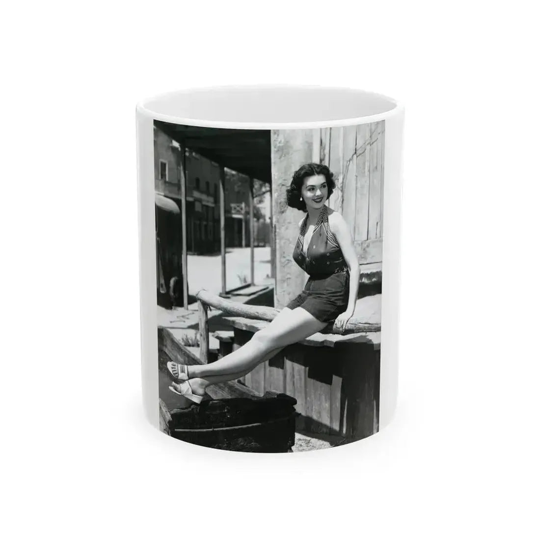 Barbara Rush #39 - 8x10 Vintage Full Body B&W Pin-Up Photo in Shorts from 1955 (Vintage Female Icon) White Coffee Mug 11oz - Go Mug Yourself