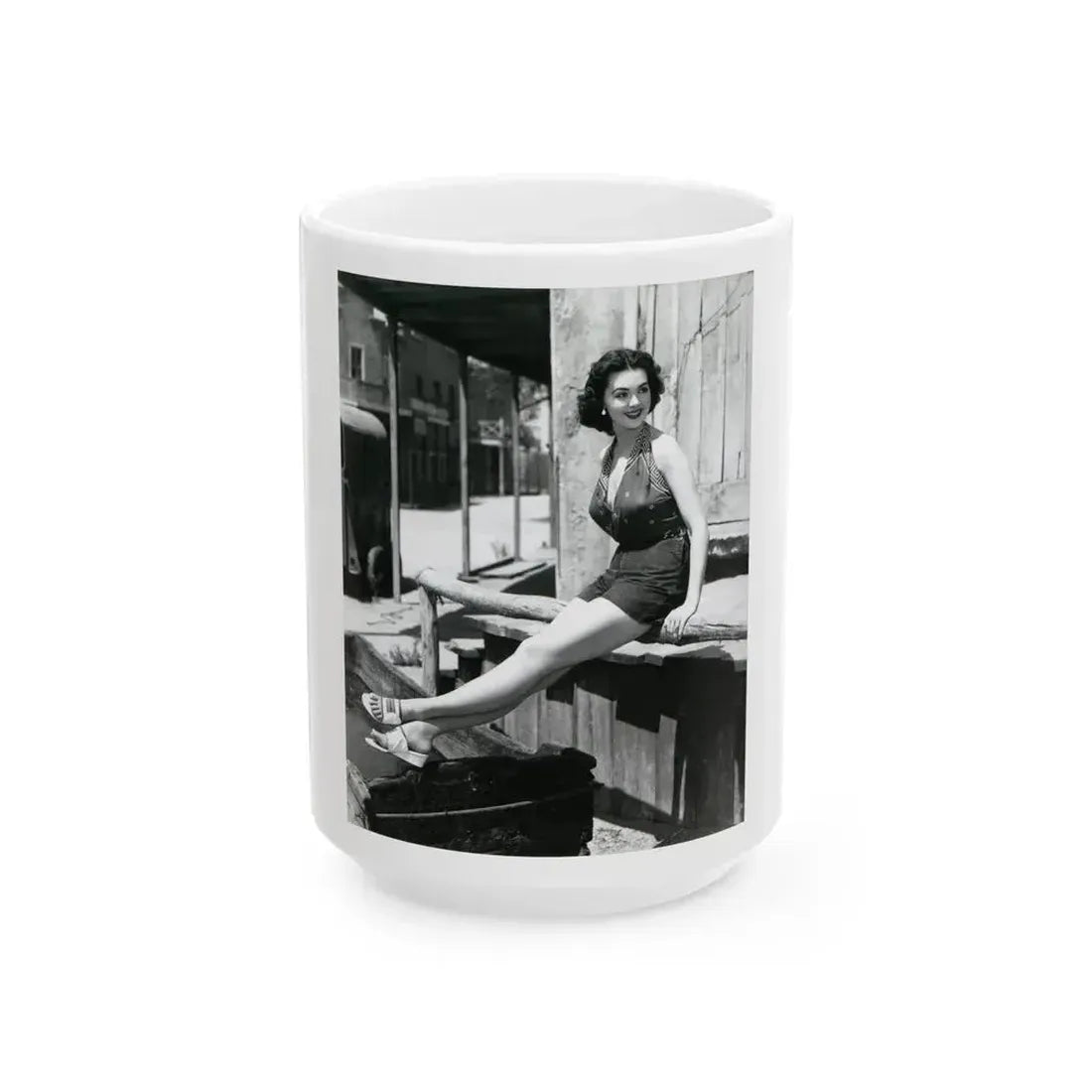 Barbara Rush #39 - 8x10 Vintage Full Body B&W Pin-Up Photo in Shorts from 1955 (Vintage Female Icon) White Coffee Mug 15oz - Go Mug Yourself