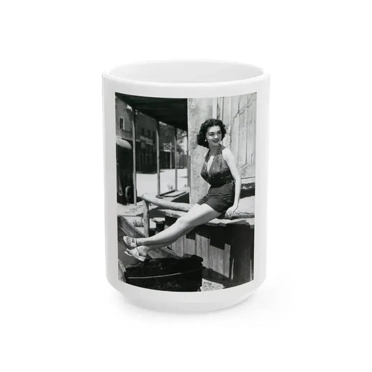 Barbara Rush #39 - 8x10 Vintage Full Body B&W Pin-Up Photo in Shorts from 1955 (Vintage Female Icon) White Coffee Mug 15oz - Go Mug Yourself