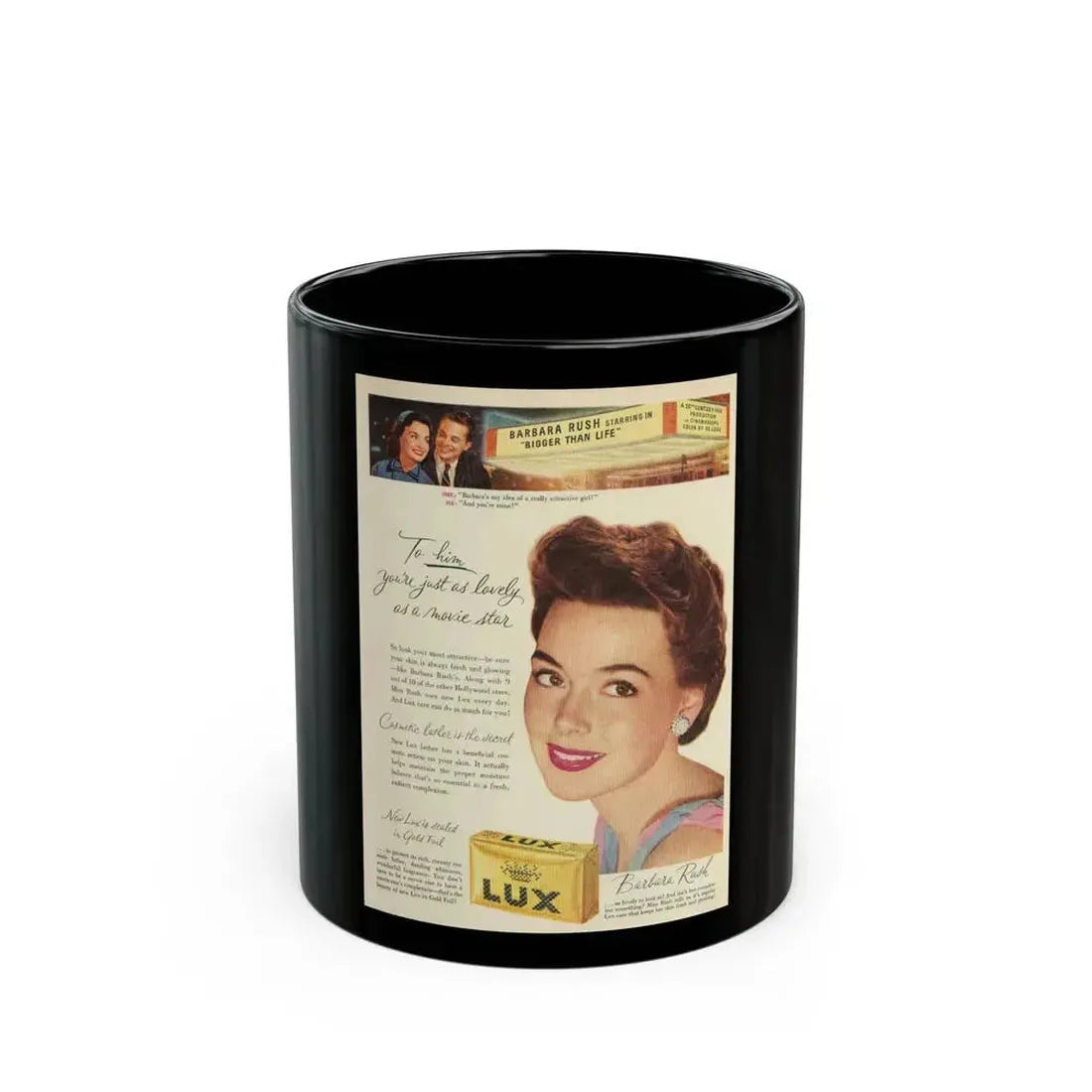 Barbara Rush #74 - Lux Soap Add (Vintage Female Icon) Black Coffee Mug 11oz - Go Mug Yourself