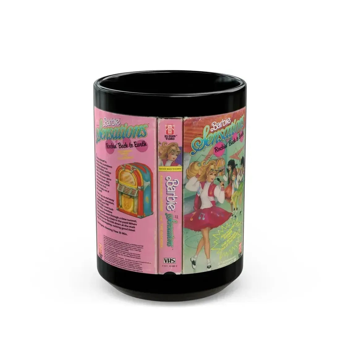 BARBIE SENSATIONS ROCKIN BACK TO EARTH (VHS COVER) - Black Coffee Mug 15oz - Go Mug Yourself