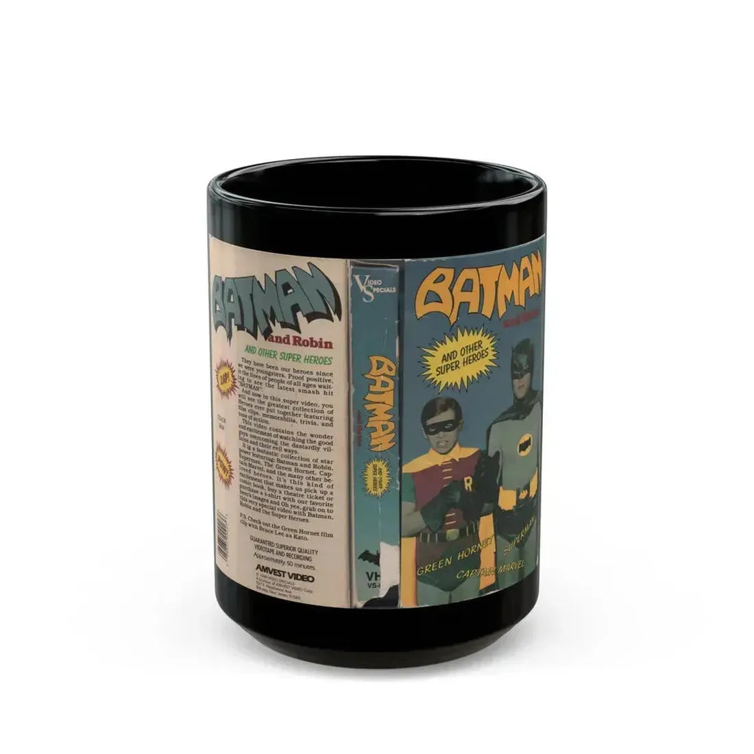 BATMAN AND ROBIN AND OTHER SUPER HEROES (VHS COVER) - Black Coffee Mug 15oz - Go Mug Yourself
