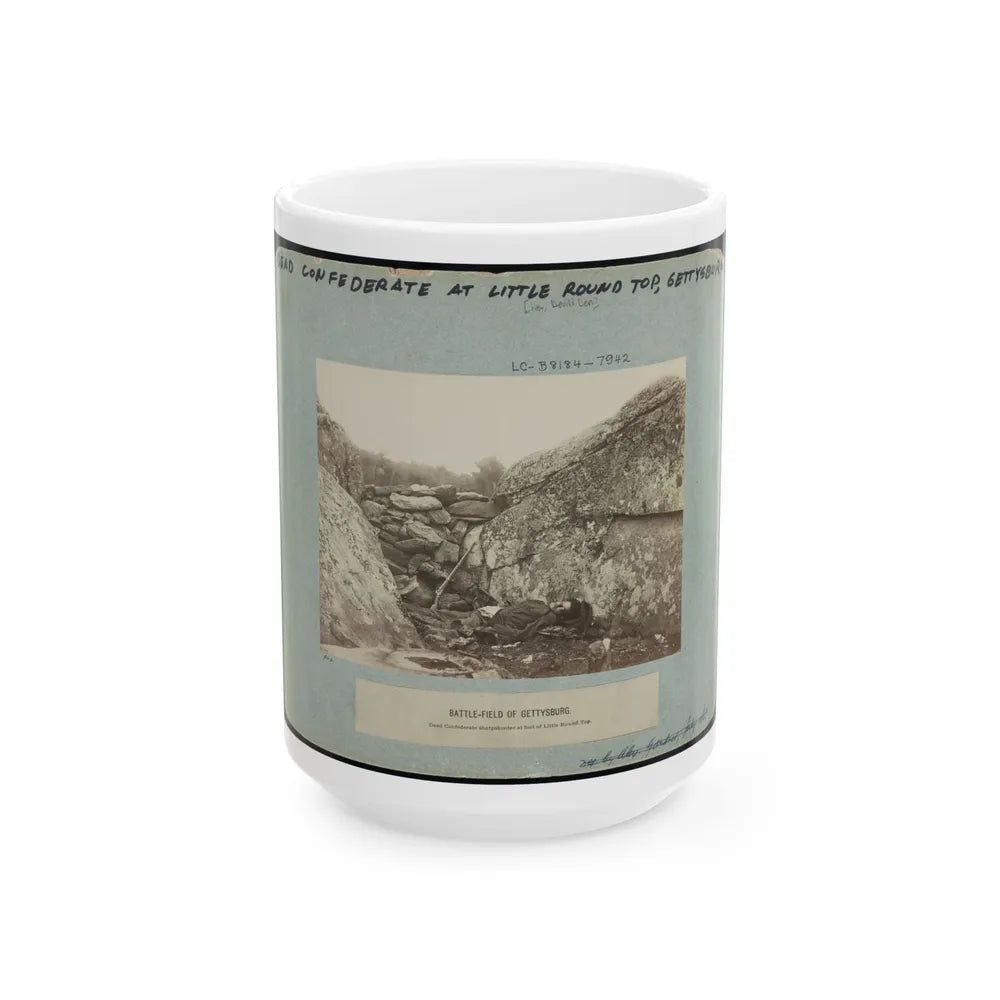 Battle-Field Of Gettysburg-Dead Confederate Sharpshooter At Foot Of Little Round Top I.E., Devil's Den (U.S. Civil War) White Coffee Mug-15oz-Go Mug Yourself