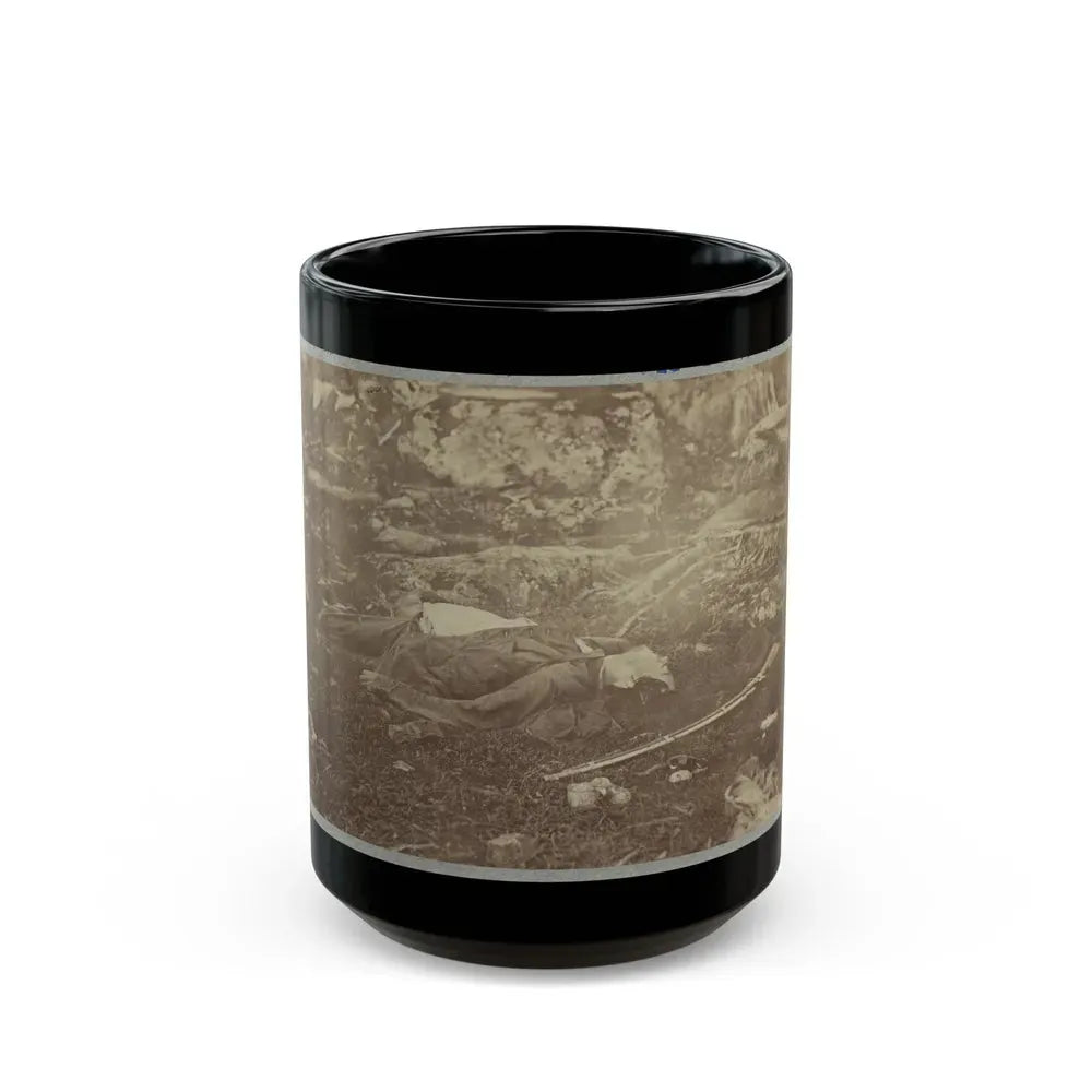 Battlefield Of Gettysburg. Dead Confederate Sharpshooter At Foot Of Little Round Top (U.S. Civil War) Black Coffee Mug 15oz - Go Mug Yourself