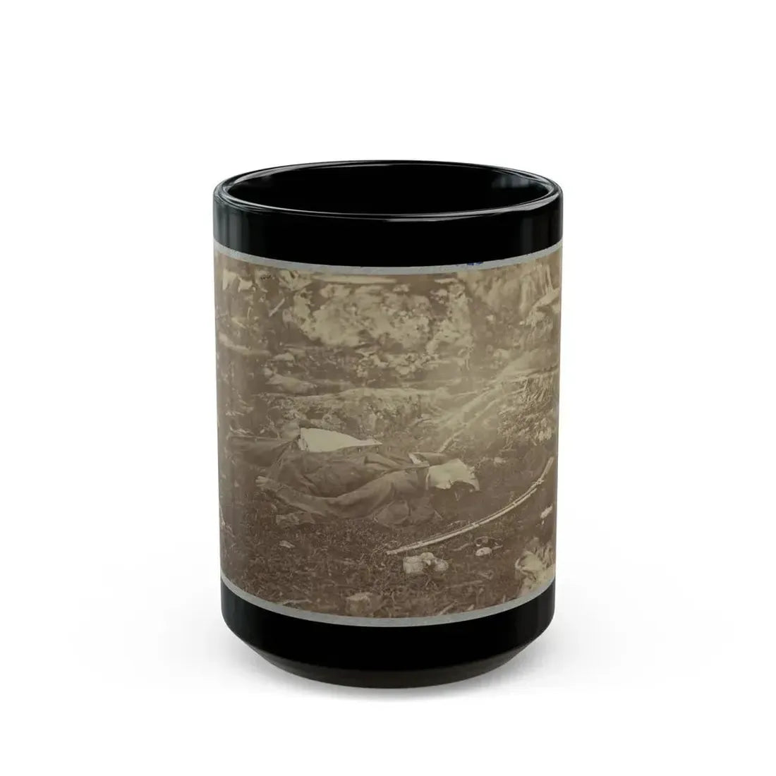 Battlefield Of Gettysburg. Dead Confederate Sharpshooter At Foot Of Little Round Top (U.S. Civil War) Black Coffee Mug 15oz - Go Mug Yourself