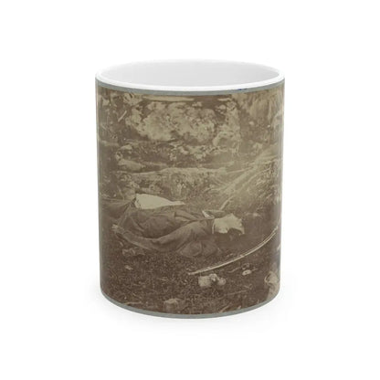 Battlefield Of Gettysburg. Dead Confederate Sharpshooter At Foot Of Little Round Top (U.S. Civil War) White Coffee Mug 11oz - Go Mug Yourself