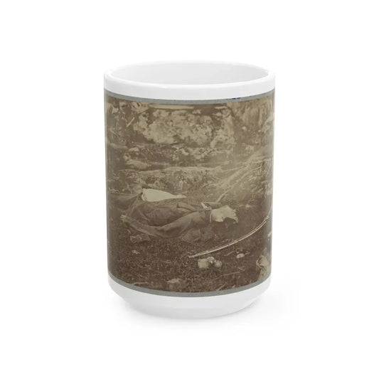 Battlefield Of Gettysburg. Dead Confederate Sharpshooter At Foot Of Little Round Top (U.S. Civil War) White Coffee Mug 15oz - Go Mug Yourself