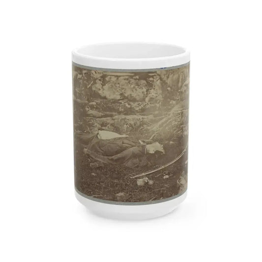 Battlefield Of Gettysburg. Dead Confederate Sharpshooter At Foot Of Little Round Top (U.S. Civil War) White Coffee Mug 15oz - Go Mug Yourself