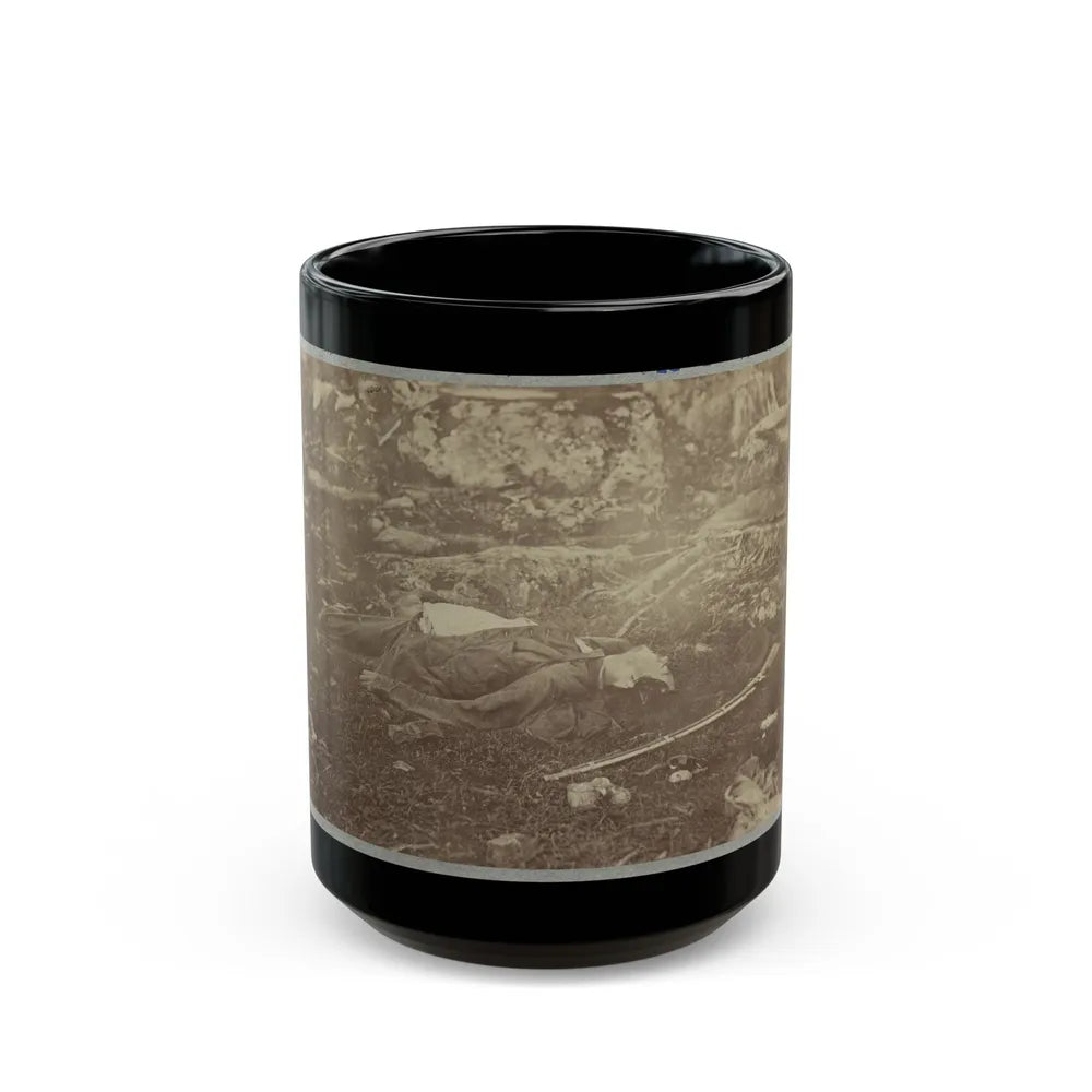 Battlefield Of Gettysburg. Dead Confederate Sharpshooter At Foot Of Little Round Top (U.S. Civil War) Black Coffee Mug-15oz-Go Mug Yourself