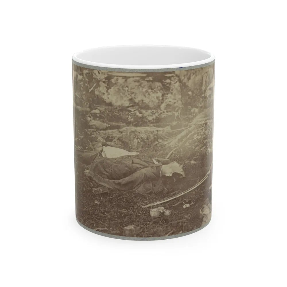 Battlefield Of Gettysburg. Dead Confederate Sharpshooter At Foot Of Little Round Top (U.S. Civil War) White Coffee Mug-11oz-Go Mug Yourself