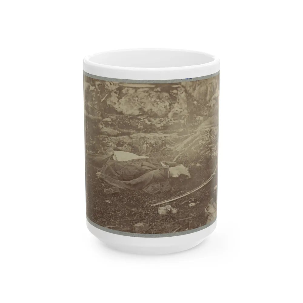 Battlefield Of Gettysburg. Dead Confederate Sharpshooter At Foot Of Little Round Top (U.S. Civil War) White Coffee Mug-15oz-Go Mug Yourself