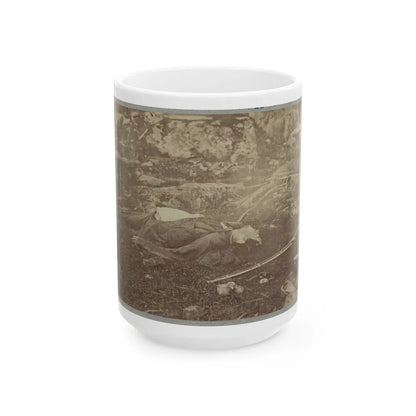 Battlefield Of Gettysburg. Dead Confederate Sharpshooter At Foot Of Little Round Top (U.S. Civil War) White Coffee Mug-15oz-Go Mug Yourself