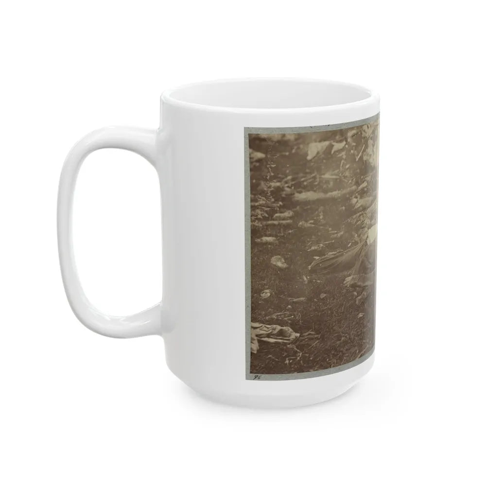 Battlefield Of Gettysburg. Dead Confederate Sharpshooter At Foot Of Little Round Top (U.S. Civil War) White Coffee Mug-Go Mug Yourself