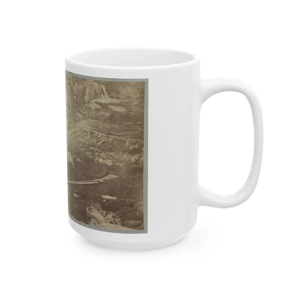 Battlefield Of Gettysburg. Dead Confederate Sharpshooter At Foot Of Little Round Top (U.S. Civil War) White Coffee Mug-Go Mug Yourself