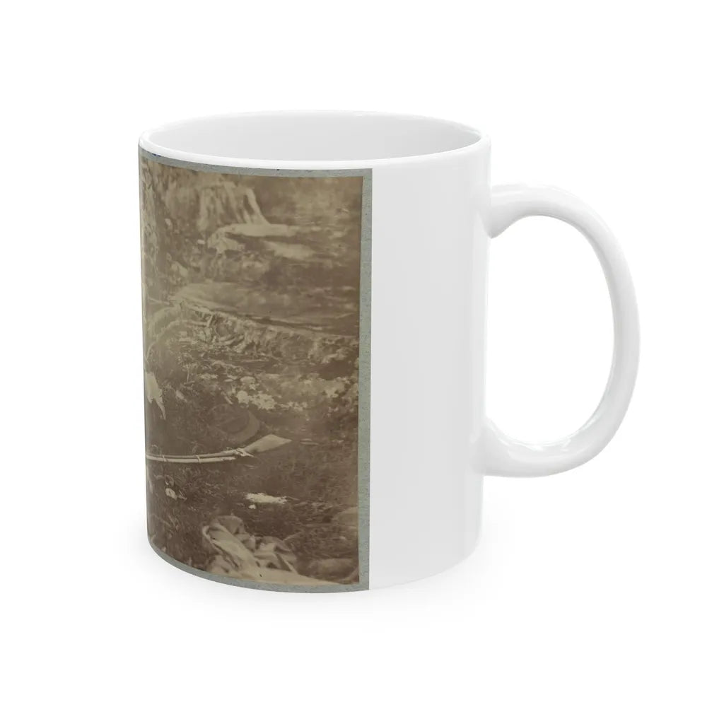 Battlefield Of Gettysburg. Dead Confederate Sharpshooter At Foot Of Little Round Top (U.S. Civil War) White Coffee Mug-Go Mug Yourself