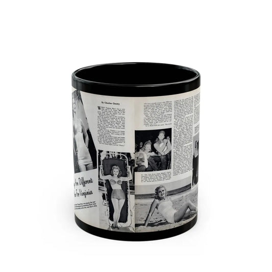 Virginia Mayo #290 - 2 Pages of Virginia+3 B&W Pin-Up Pics & 2 Candid Shots circa late 40's from a Movie Star Magazine (Vintage Female Icon) Black Coffee Mug-11oz-Go Mug Yourself