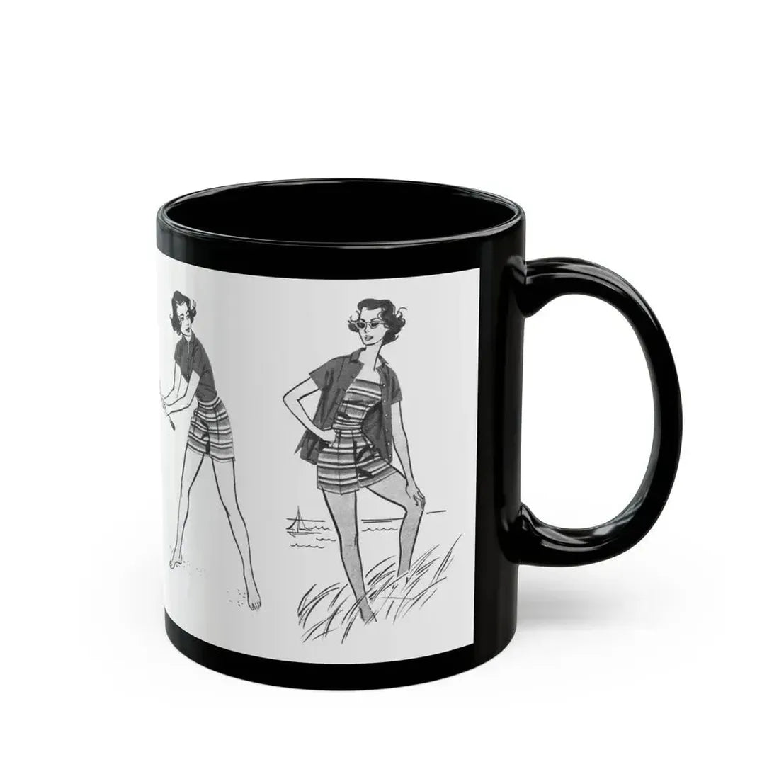 Beachwear illustrations, Woman magazine, 1957 - Black Coffee Mug - Go Mug Yourself
