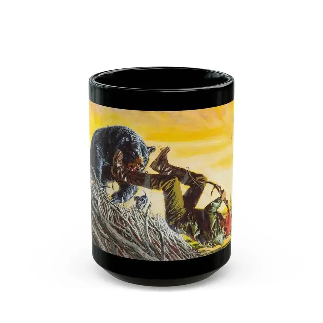 Bear Attack, Outdoor Life magazine story illustration, March 1971 - Black Coffee Mug 15oz - Go Mug Yourself