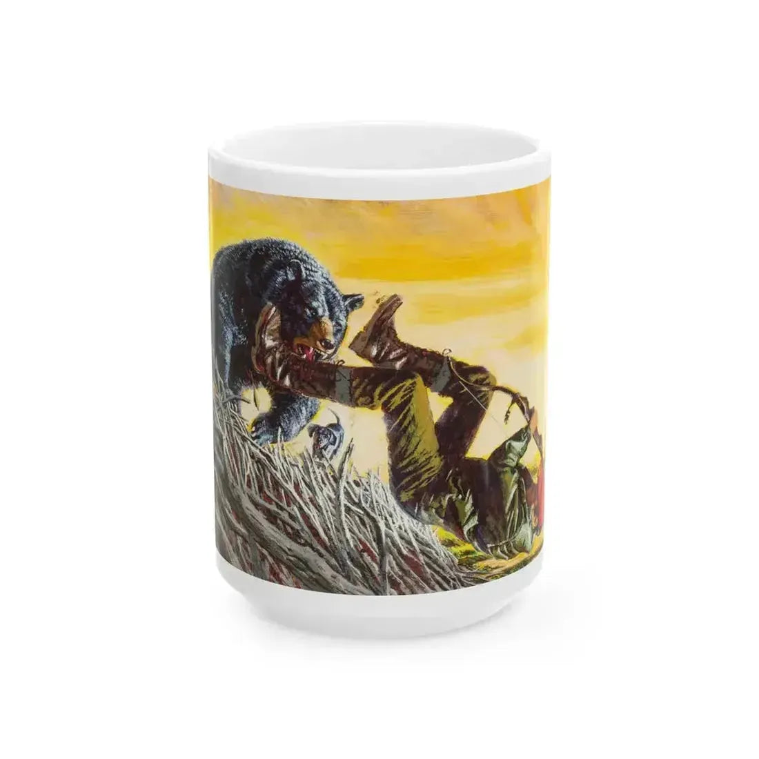Bear Attack, Outdoor Life magazine story illustration, March 1971 - White Coffee Mug 15oz - Go Mug Yourself