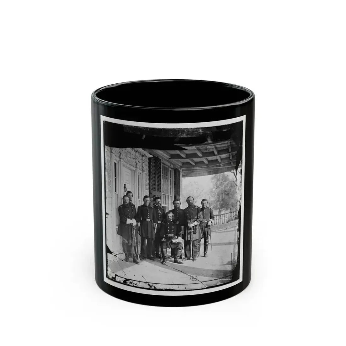 Beaufort, S.C. Gen. Isaac I. Stevens (Seated) And Staff On Porch Of A House (U.S. Civil War) Black Coffee Mug 11oz - Go Mug Yourself