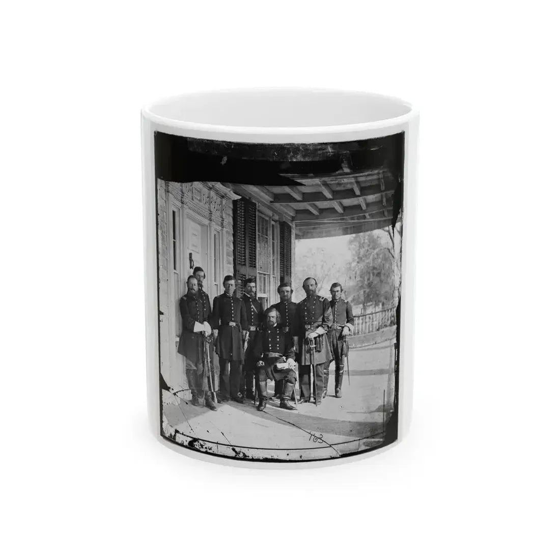 Beaufort, S.C. Gen. Isaac I. Stevens (Seated) And Staff On Porch Of A House (U.S. Civil War) White Coffee Mug 11oz - Go Mug Yourself