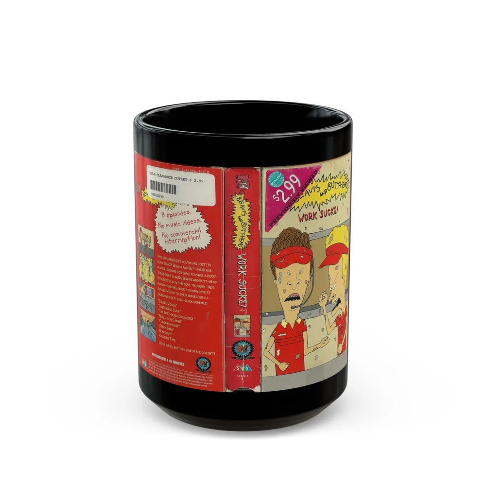 BEAVIS AND BUTTHEAD WORK SUCKS (VHS COVER) - Black Coffee Mug-15oz-Go Mug Yourself