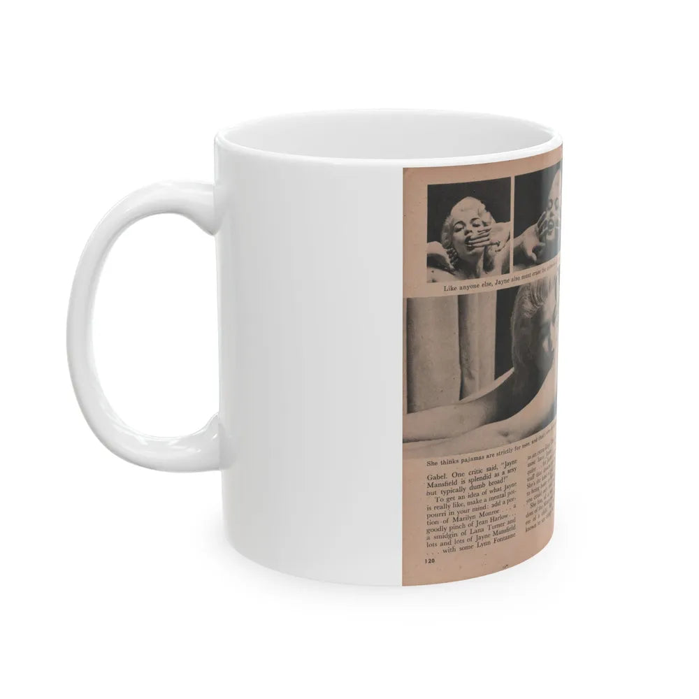 Jayne Mansfield #185 - 2 Pages, 4 B&W Photos, Captions & Article from Foto-rama Digest Mag. Dec. '56 (Vintage Female Icon) White Coffee Mug-Go Mug Yourself