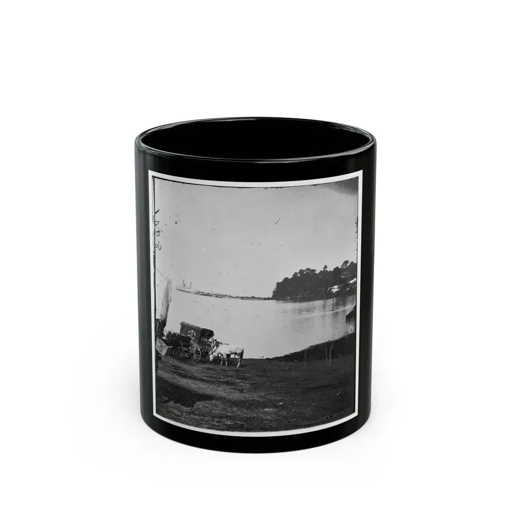 Belle Plain Landing, Virginia. Distance View Of Belle Plain Landing On The James River. (U.S. Mail Wagon 2nd Corps In Foreground) (U.S. Civil War) Black Coffee Mug 11oz - Go Mug Yourself