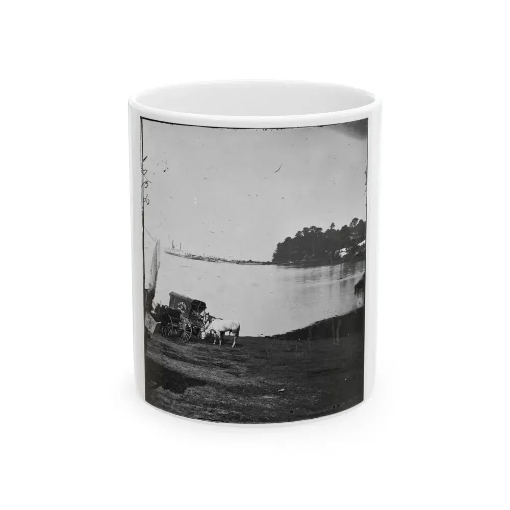 Belle Plain Landing, Virginia. Distance View Of Belle Plain Landing On The James River. (U.S. Mail Wagon 2nd Corps In Foreground) (U.S. Civil War) White Coffee Mug 11oz - Go Mug Yourself