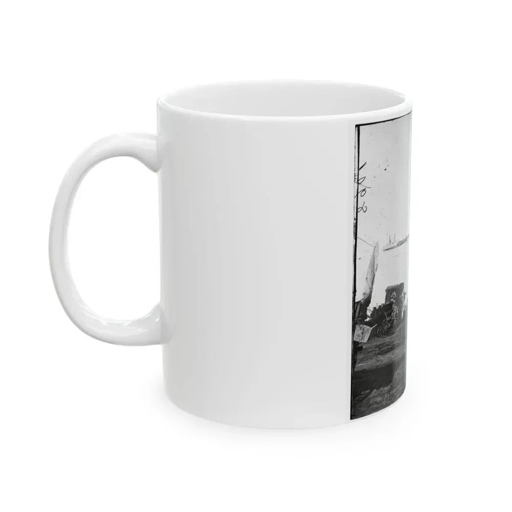 Belle Plain Landing, Virginia. Distance View Of Belle Plain Landing On The James River. (U.S. Mail Wagon 2nd Corps In Foreground) (U.S. Civil War) White Coffee Mug - Go Mug Yourself