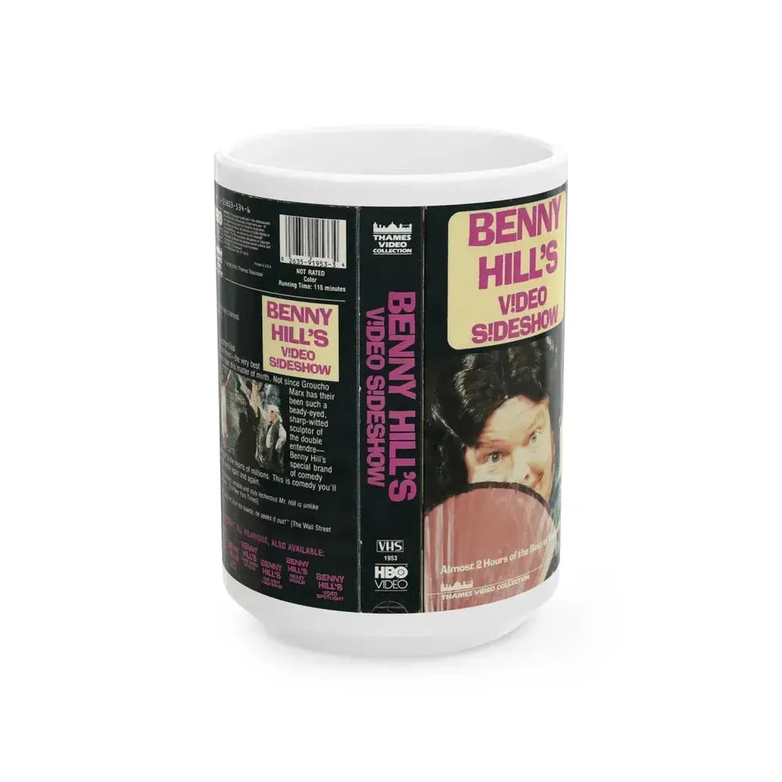 BENNY HILLS VIDEO SIDESHOW (VHS COVER) - White Coffee Mug 15oz - Go Mug Yourself